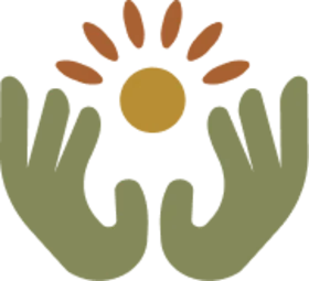 Símbolo de manos sosteniendo un sol en tonos verdes y ocres, marca Sandra Quiromás.